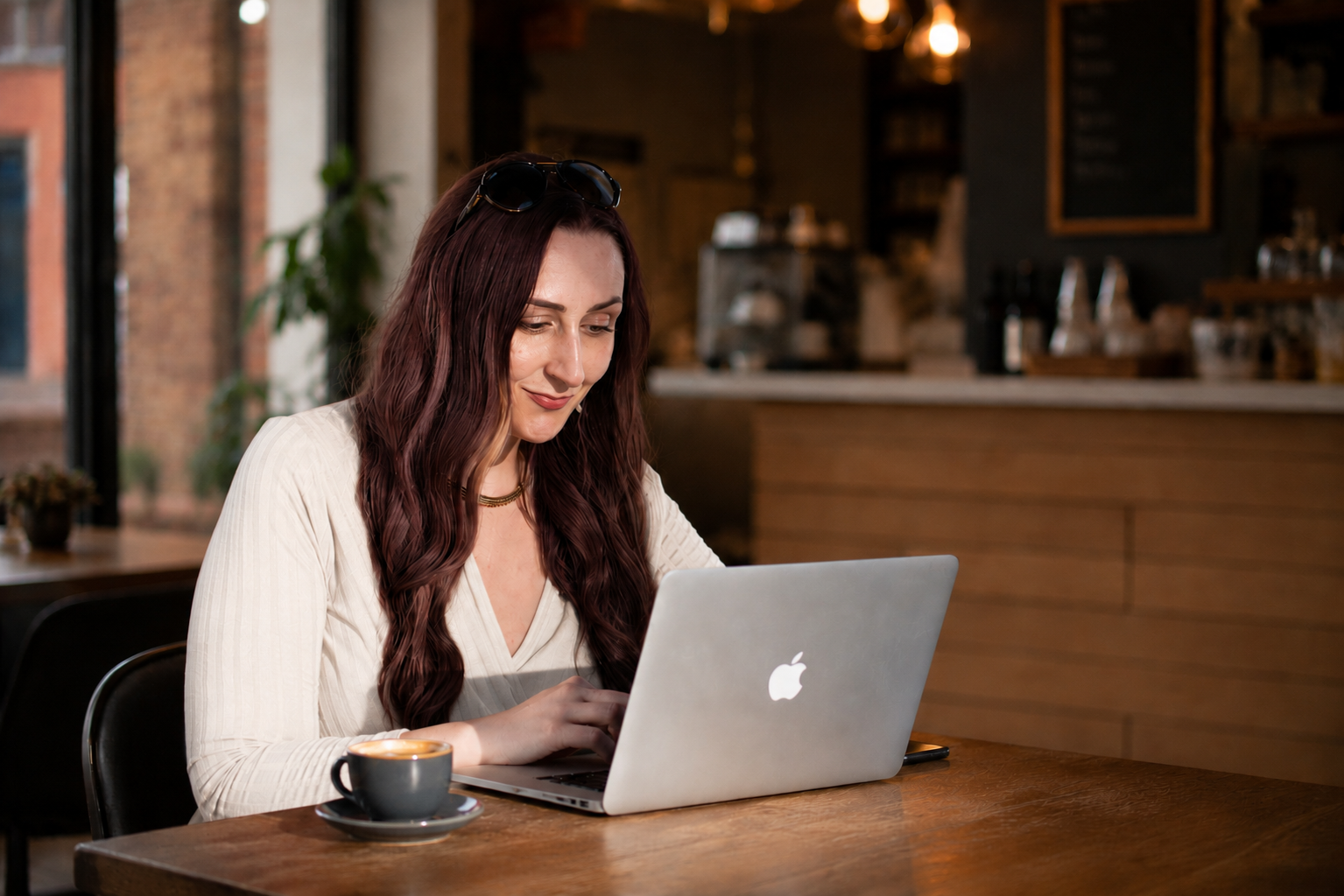 Katie Ford working on a laptop in a cafe